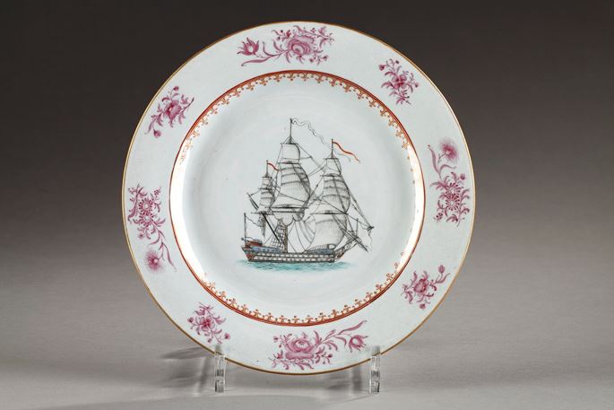 Famille rose porcelain plate with a ship | MasterArt